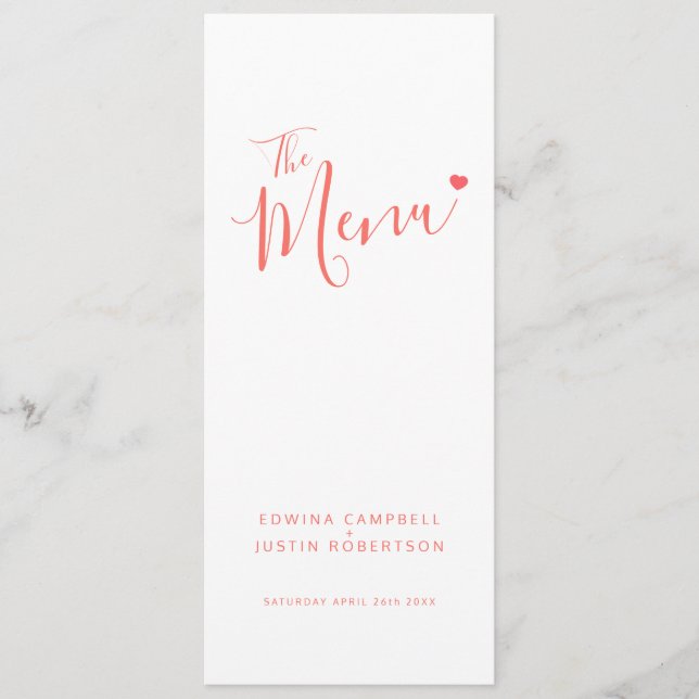 Modern white and coral script simple wedding menu (Front)