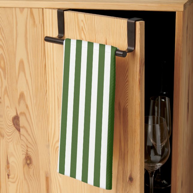 Modern White and Dark Green Vertical Stripes Tea Towel (Thirds Fold)