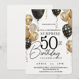 Modern White and gold black balloon 50th Birthday Invitation