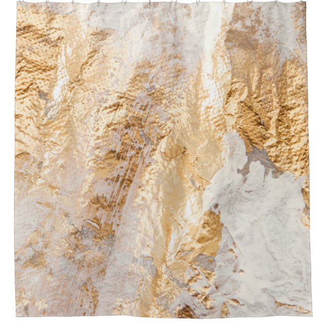 Modern White And Gold Brush Painted Background Tex Shower Curtain (Front)