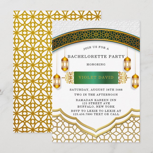 Modern White and Gold Islamic Bachelorette Party Invitation (Front/Back)