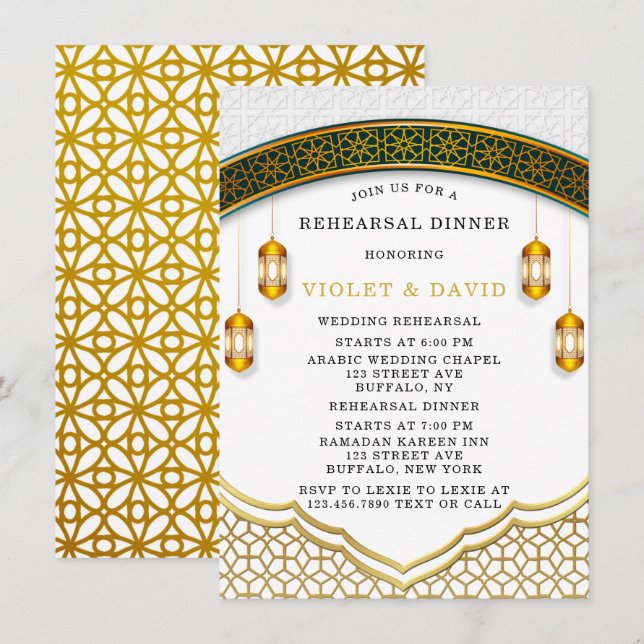 Modern White and Gold Islamic Rehearsal Dinner  Invitation (Front/Back)