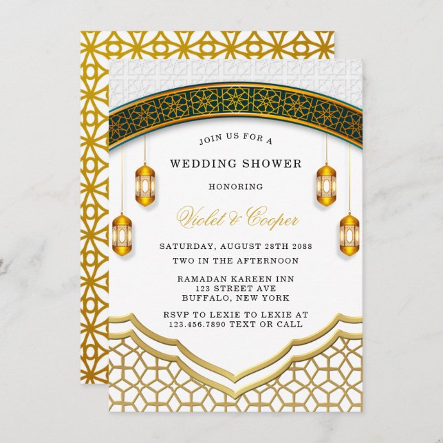 Modern White and Gold Islamic Wedding Shower Invitation (Front/Back)