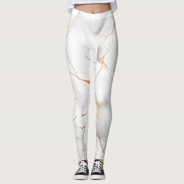 Modern White and Gold Marbled  Leggings (Front)