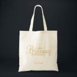 Modern White and Gold Personalised Bridesmaids Tote Bag<br><div class="desc">Modern Personalised Bridesmaids Gifts featuring personalised bridesmaid's name in gold modern script font style with title and wedding date in gold modern sans serif font style. Also perfect for Maid of Honour, Flower Girl, Mother of the Bride and more. Please Note: The foil details are simulated in the artwork. No...</div>