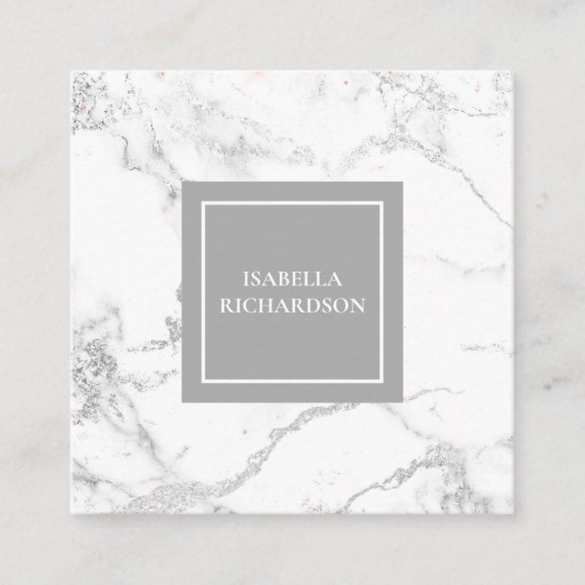 Modern White And Gray Marble Square Business Card (Front)