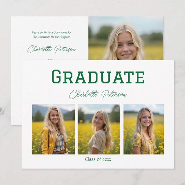 Modern White and Green Photo Graduation  Invitation (Front/Back)