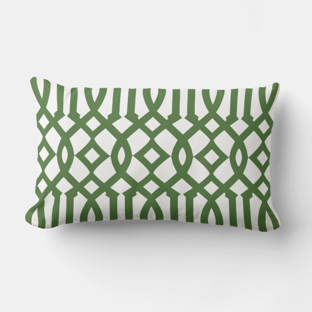 Modern White and Green Trellis Pattern Lumbar Cushion (Front)