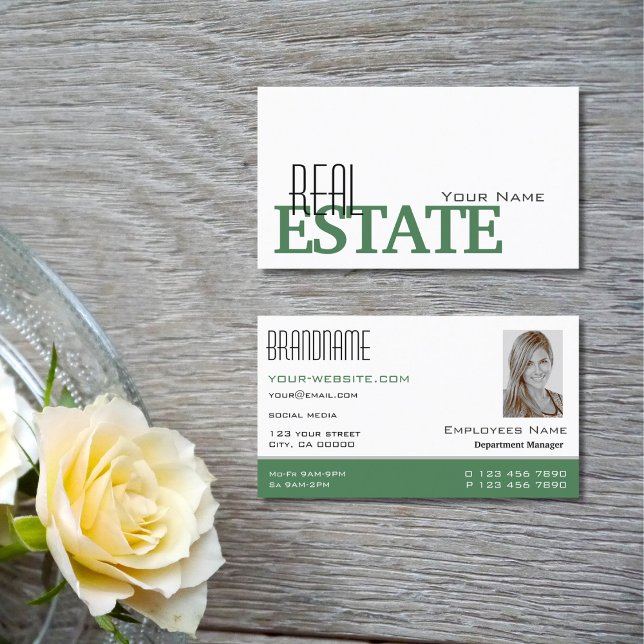 Modern White and Green with Photo Professional Business Card (Creator Uploaded)