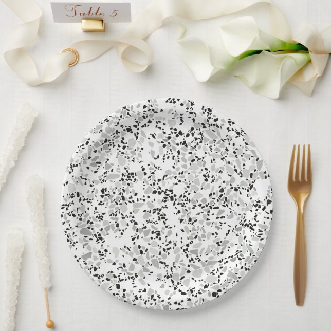 Modern White and Grey Terrazzo Pattern Paper Plate (Wedding)