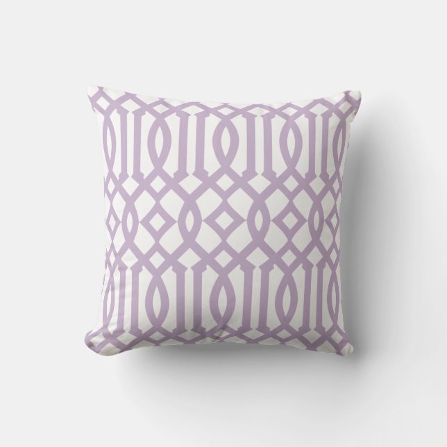 Modern White and Lilac Purple Trellis Pattern Cushion (Front)