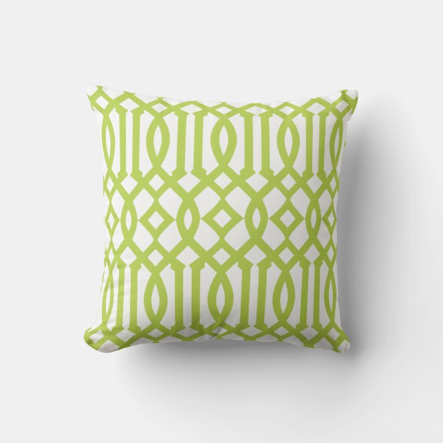 Modern White and Lime Green Trellis Pattern Cushion (Front)