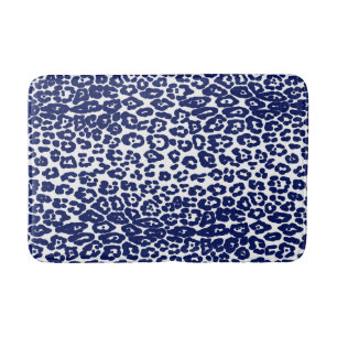 Modern white and navy blue leopard print bath mat