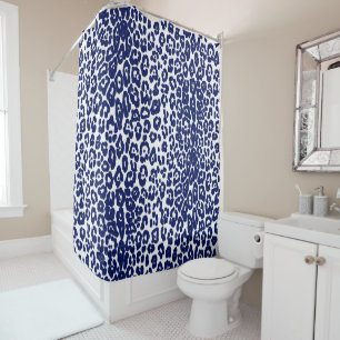 Modern white and navy blue leopard print  shower curtain