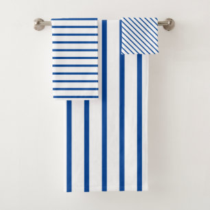 Modern White and Navy Blue Stripe Bath Towel Set