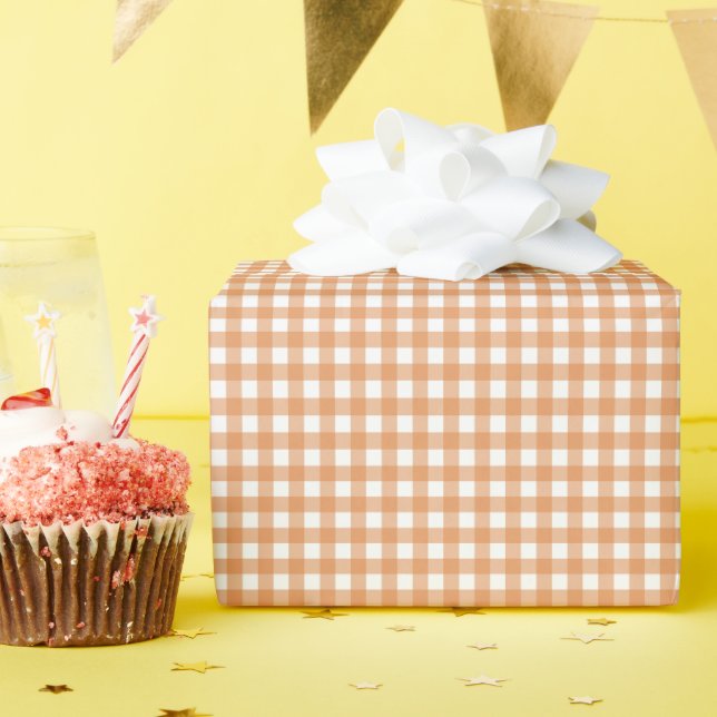 Modern White and Orange Gingham Plaid Wrapping Paper (Birthday Party)
