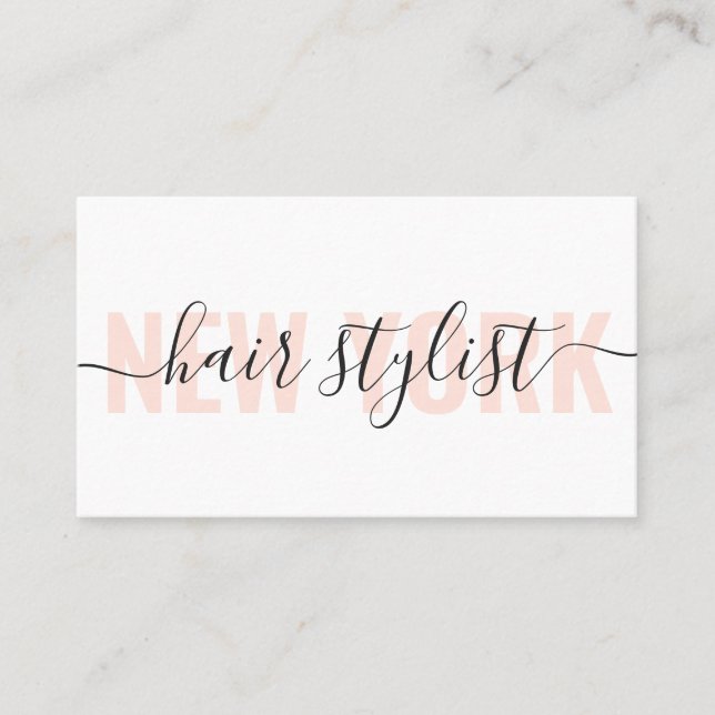 Modern white and peach hair stylist script chic business card (Front)