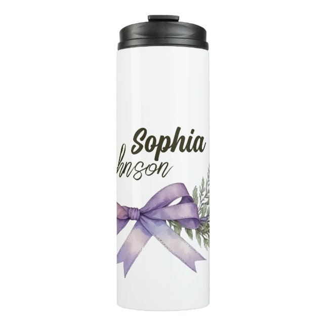 Modern White and Purple Floral Personalized Thermal Tumbler (Front)
