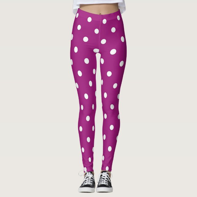 Modern white and purple polka dots pattern leggings (Front)