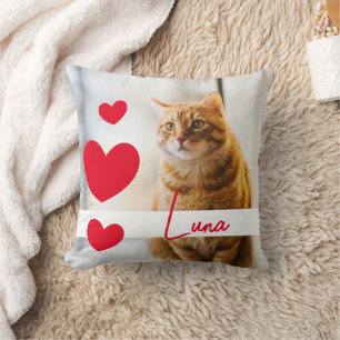 Modern White and Red Hearts Name Cat Memorial Cushion