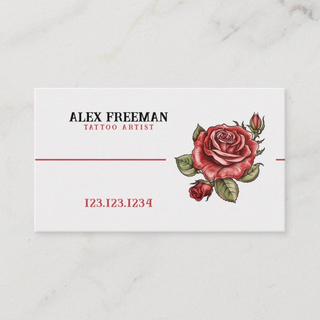 Modern White and Red Rose Tattoo Studio Business Card (Front)