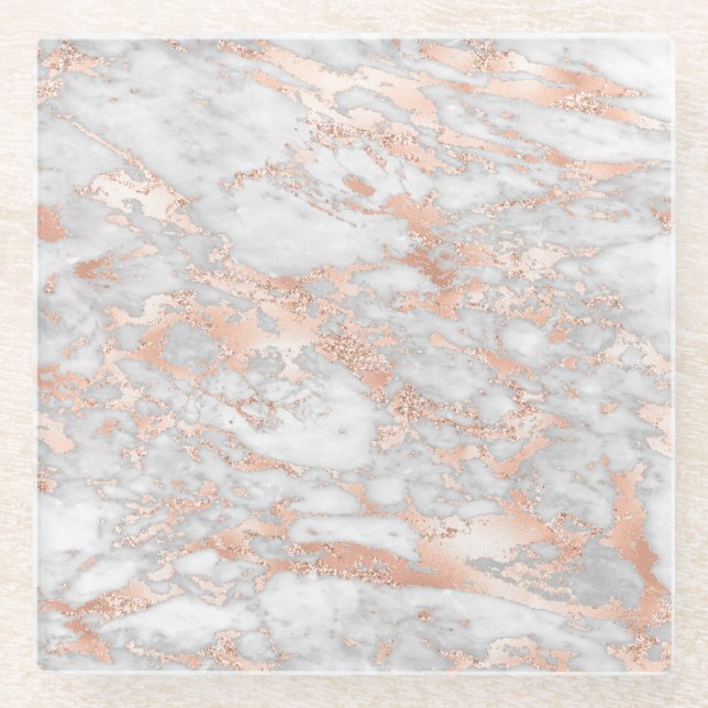 Modern White and Rose Gold Marble Pattern Glass Coaster (Front)