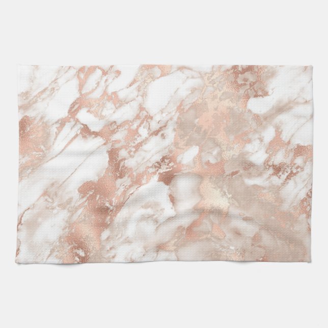 Modern White and Rose Gold Marble Pattern Tea Towel (Horizontal)