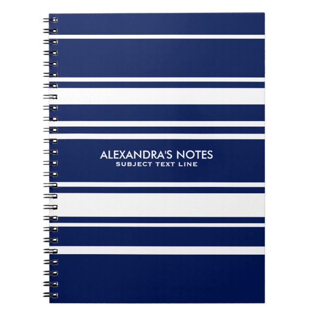 Modern White And Royal Blue Stripes Pattern Notebook (Front)
