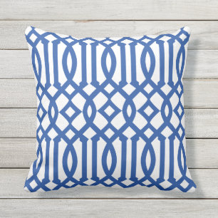 Modern White and Royal Blue Trellis Pattern Cushion