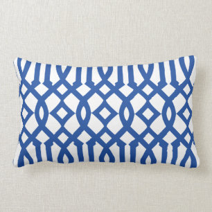 Modern White and Royal Blue Trellis Pattern Lumbar Cushion