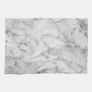 Modern White and Silver Glitter Marble Pattern Tea Towel