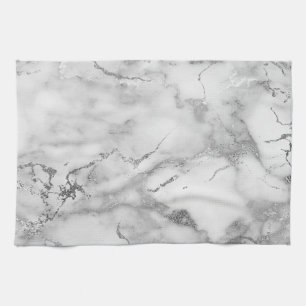 Modern White and Silver Marble Pattern Tea Towel