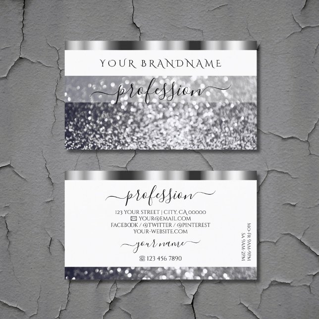 Modern White and Silver Sparkling Glitter Shimmery Business Card (Creator Uploaded)