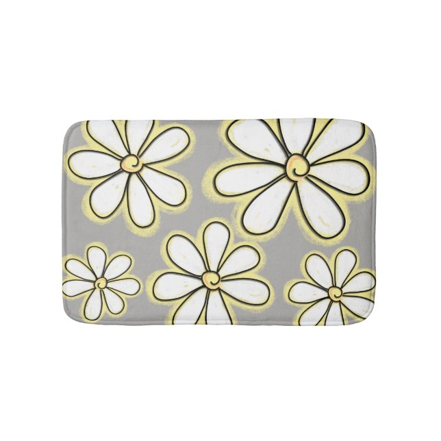 Modern White And Yellow Chalk Daisies On Grey Bath Mat (Front)