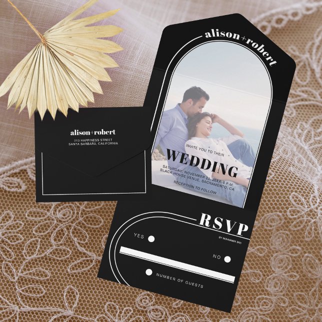 Modern white arch and photo black wedding all in one invitation (Creator Uploaded)
