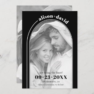 Modern white arch and photo black wedding save the date
