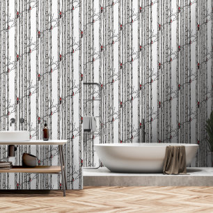 Modern White Birch Trees and Red Cardinal Birds Wallpaper