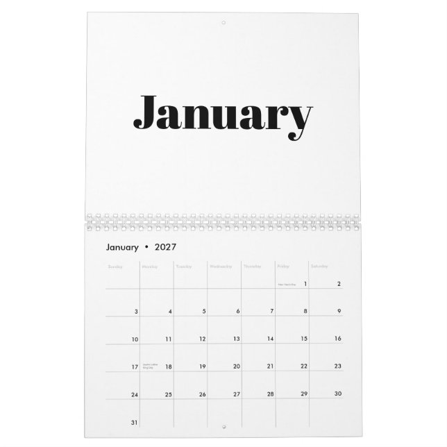 Modern white black bold typography month 2024 calendar (Jan 2027)