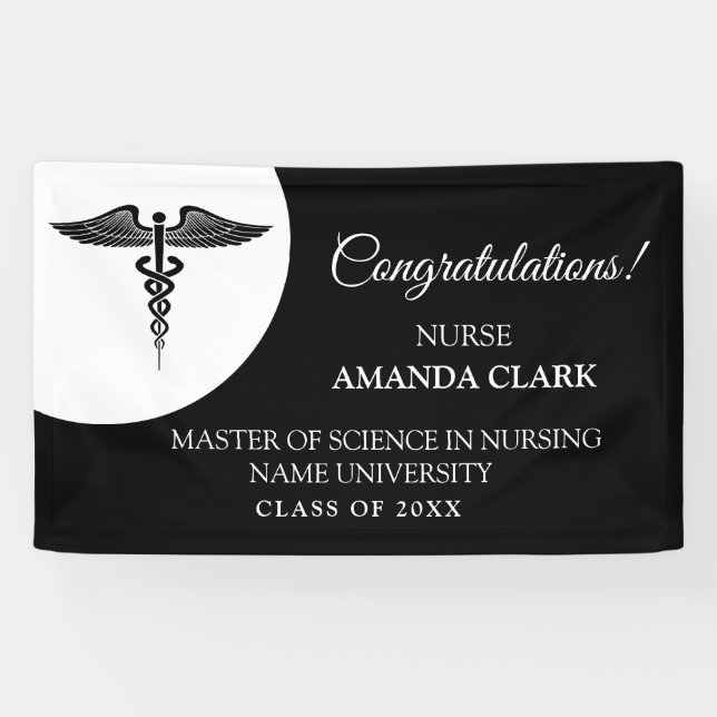Modern White & Black Caduceus Nurse Rn Graduation Banner (Horizontal)