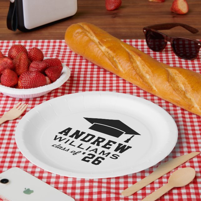 Modern White Black Custom Graduation Party Paper Plate (Picnic)