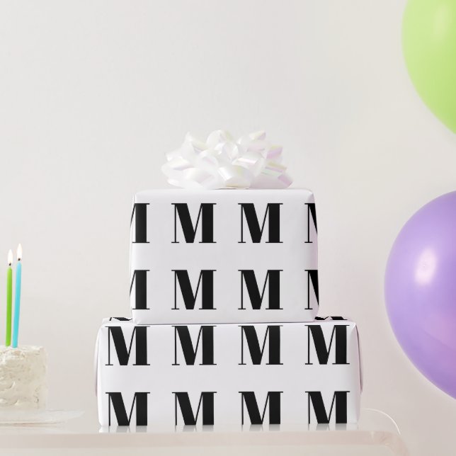 Modern white black custom initial letter monogram wrapping paper (Party Gifts)