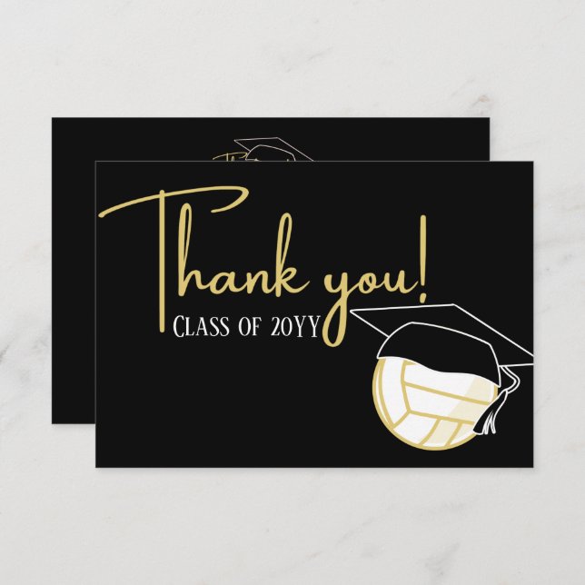 Modern White Black Gold Volleyball Graduation Thank You Card (Front/Back)