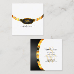 Modern White Black Gold with Initials and Diamonds Square Business Card