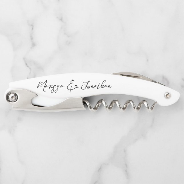 Modern White Black Hand Lettered Script Wedding Corkscrew (Front)