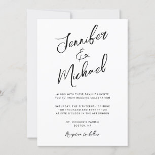 Modern  White Black Hand Lettered Script Wedding Invitation