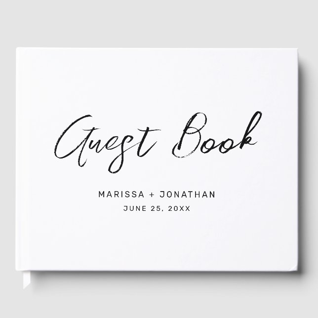 Modern White Black Hand Lettered Wedding Guest Book (Front)