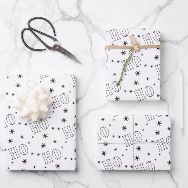 Modern White Black Ho Ho Ho Wrapping Paper Sheets (Front)
