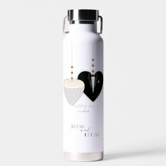 Modern white black illustration wedding heart water bottle