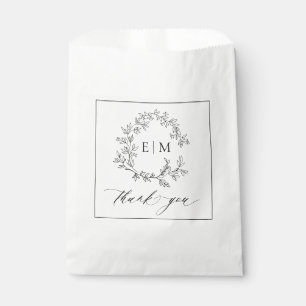 Modern White Black Leafy Crest Monogram Wedding Favour Bag