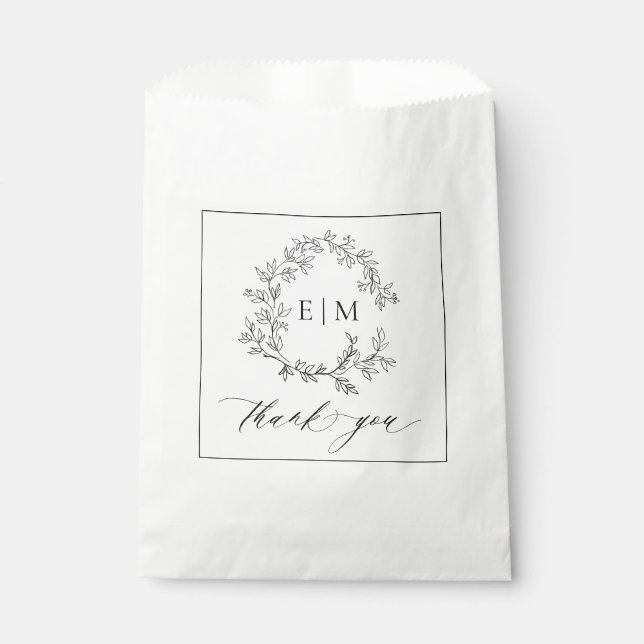 Modern White Black Leafy Crest Monogram Wedding Favour Bag (Front)